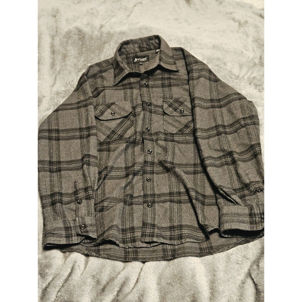 Triveni Men's XL Flannel Plaid Button-Up Shirt Gray/Black Long Sleeve Pockets